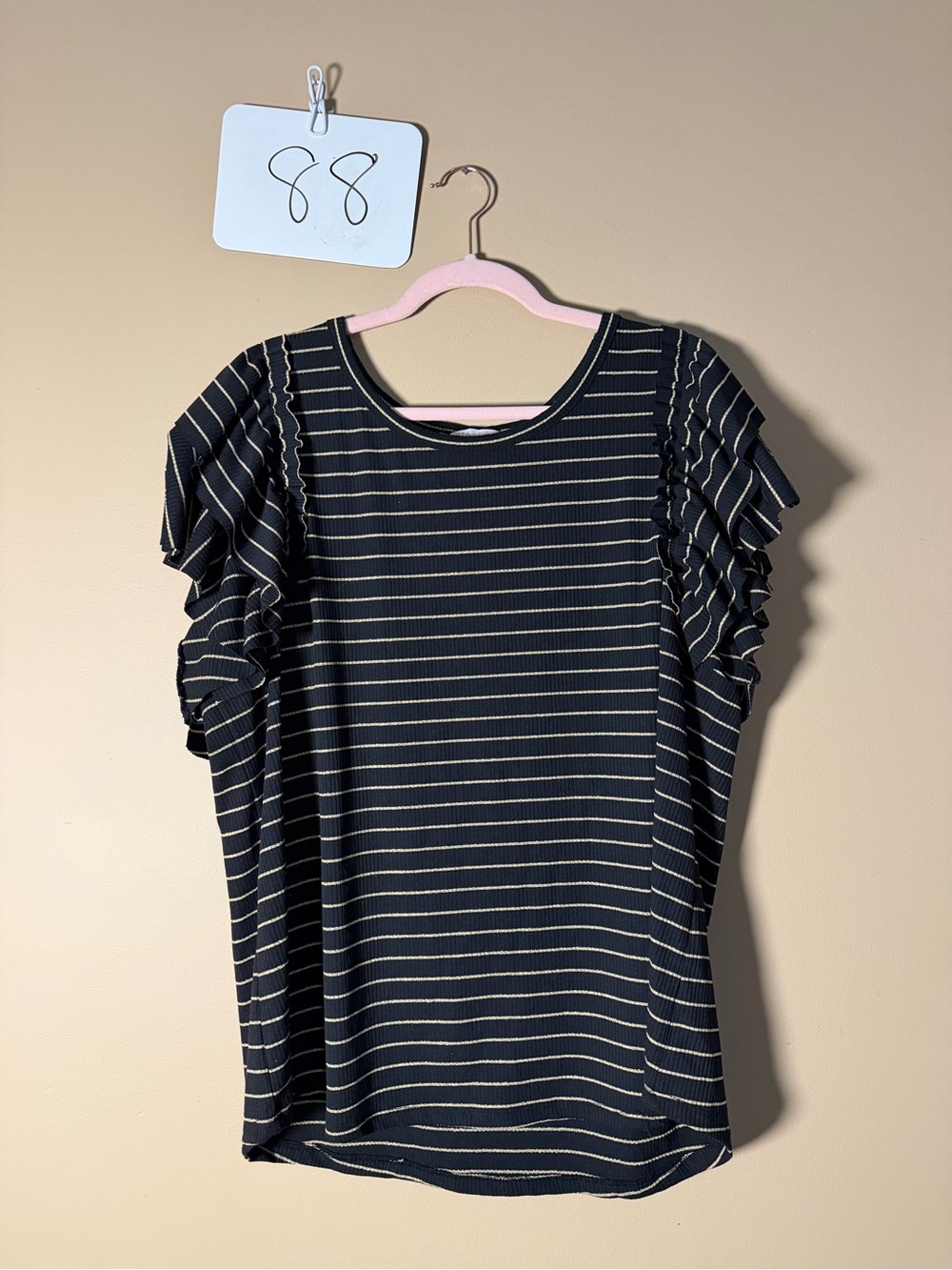 Striped Ruffle Sleeve Tee in Black & Gold— Women’s Short Sleeve Top